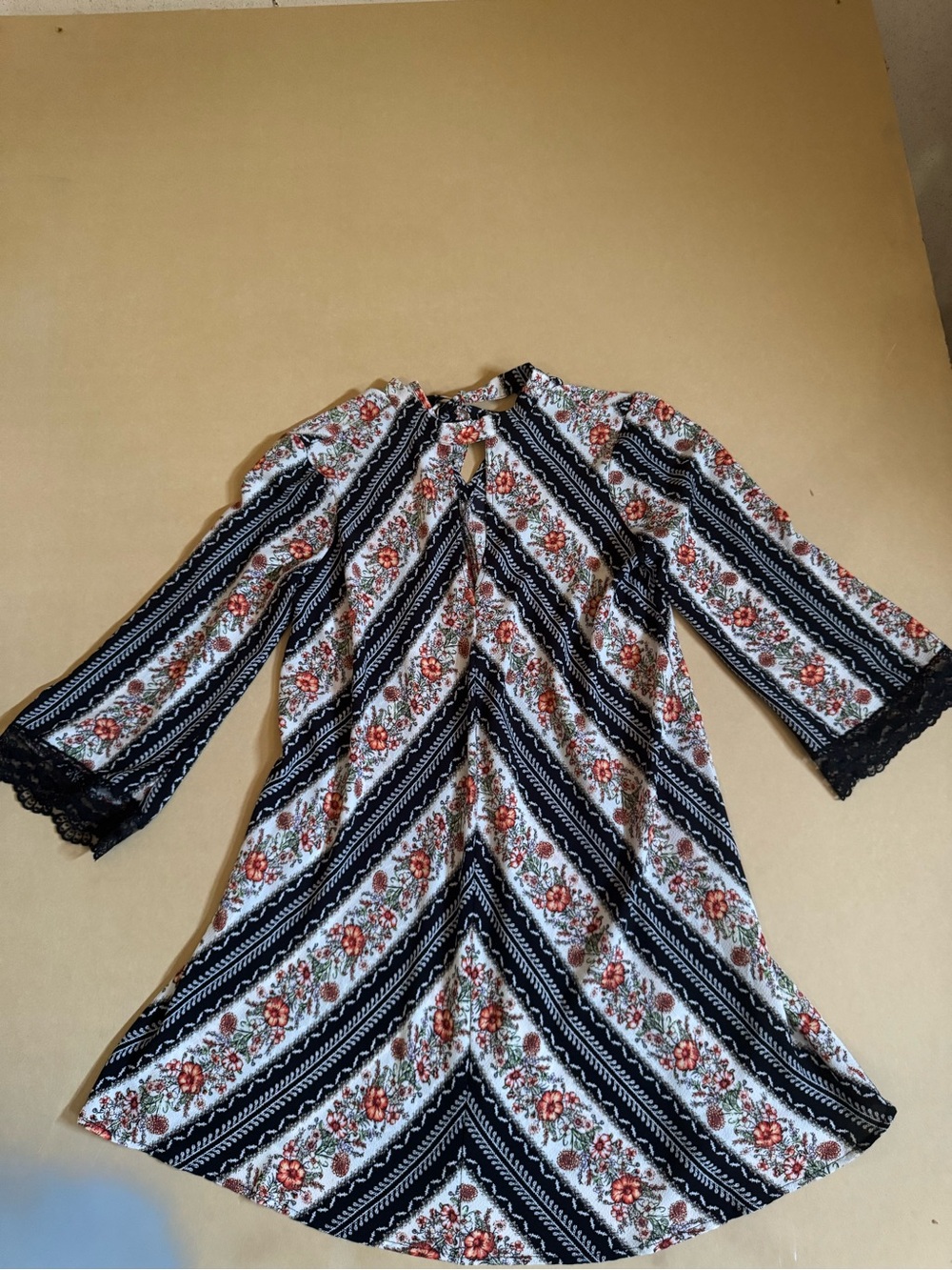Uncle Frank Black, White and Rust Floral Lace Hem Sleeve A-Line Dress
